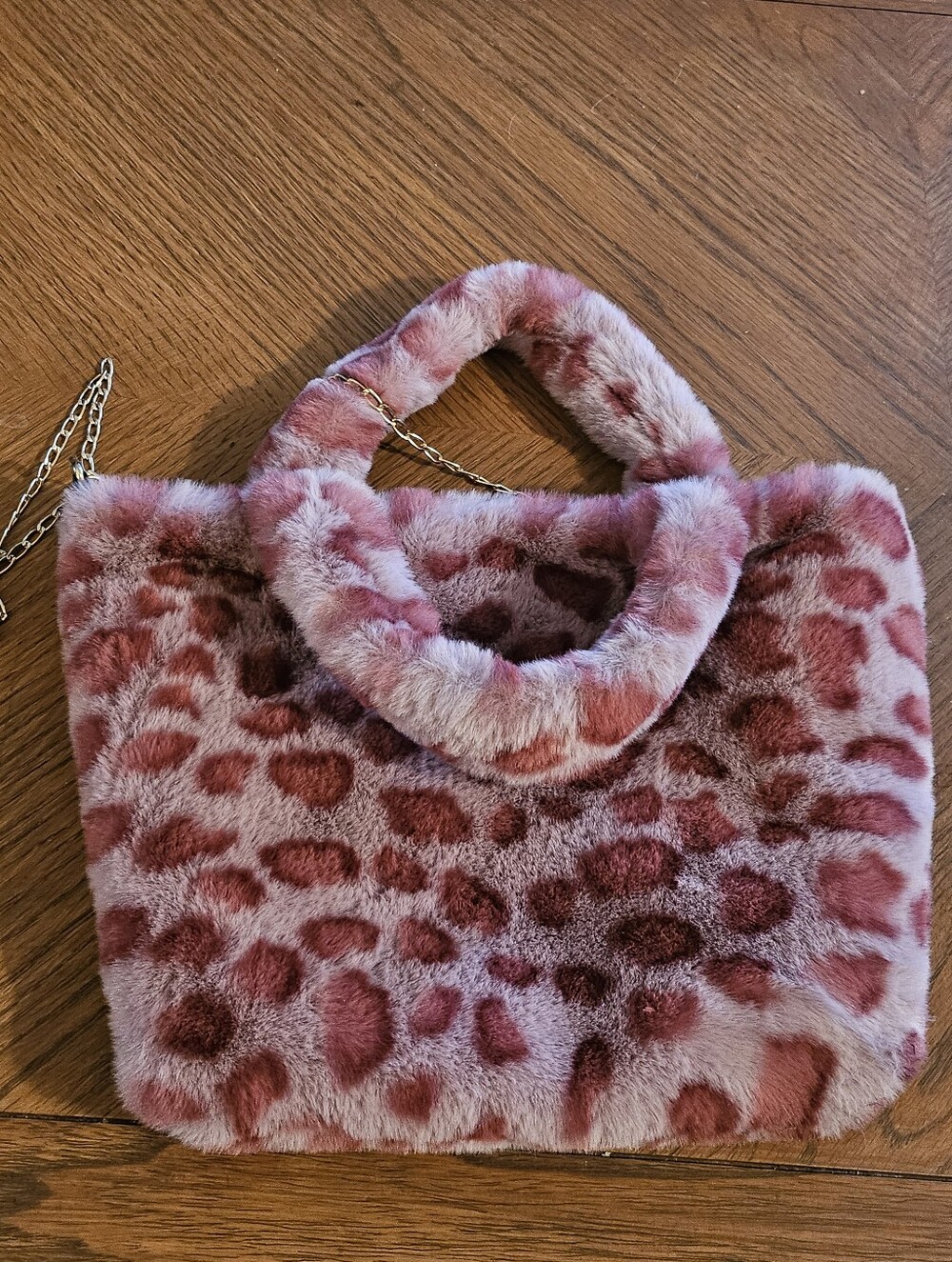 Pink Faux Fur Leopard Tote Bag - Plush Handle & Chain